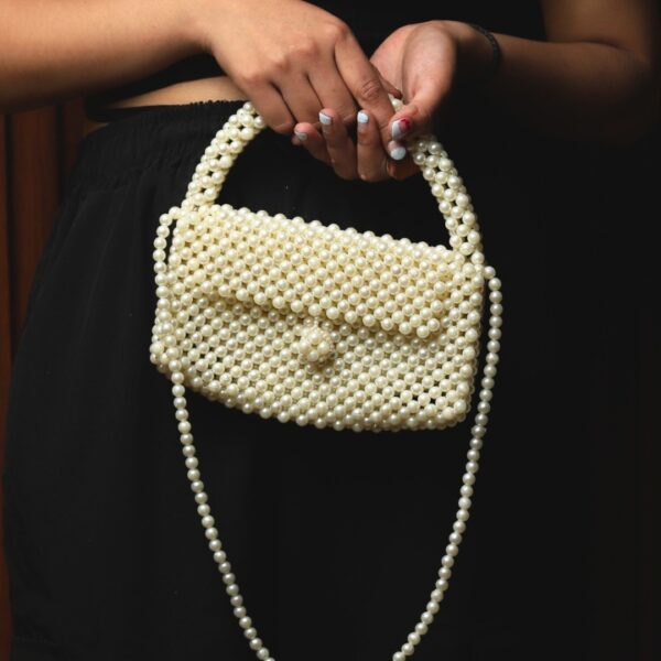 Handmade White Pearl Bag – Luxury Beaded Clutch with Handle & Sling